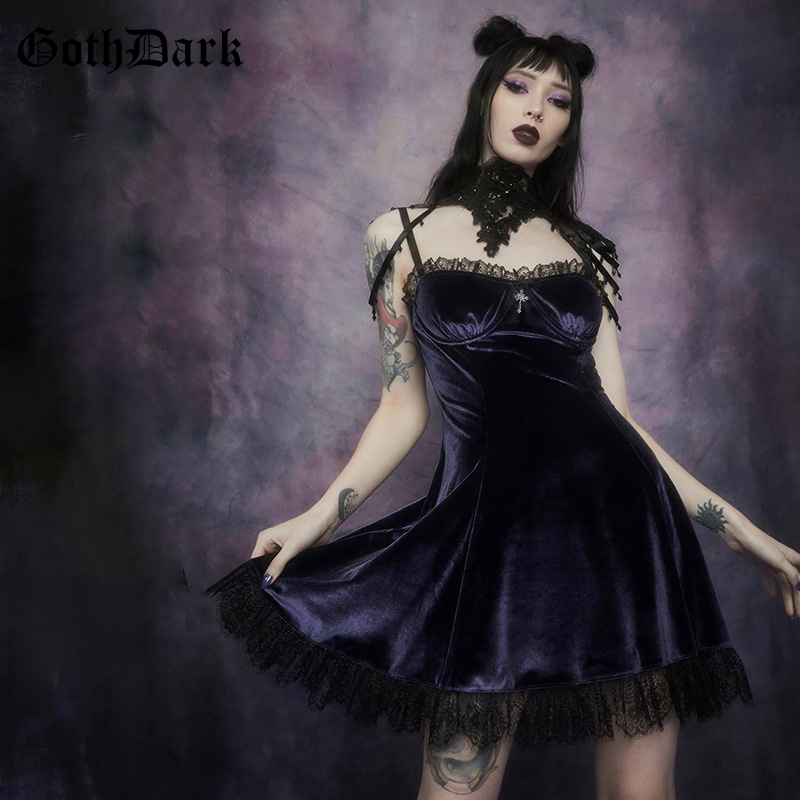 

2021Goth Dark Mall Gothic Vintage Velvet Grunge Mini Dresses Women Punk Lace Trim Alt Clothes Summer Dress Bodycon A-Line Partywear, Black