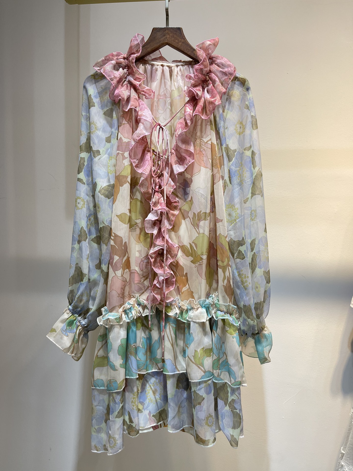 

Australian Fashion Chiffon Dress 2021 autumn winter new Ruffle Ruffle print romantic long sleeve short dress, Multi