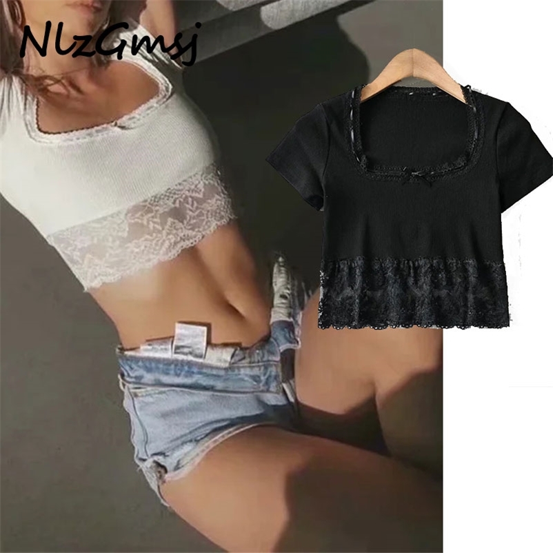 

T-Shirt Women Square Neck Short Sleeve Rib T-shirt Crop Top 04 210628, As picture