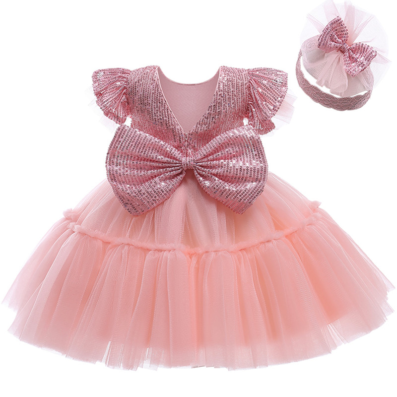 

Infant Dress Flower 1st Birthday Clothing For Baby Girl Clothes Lace Bow Tutu Princess Baptism Party Wedding Dresses, Pink