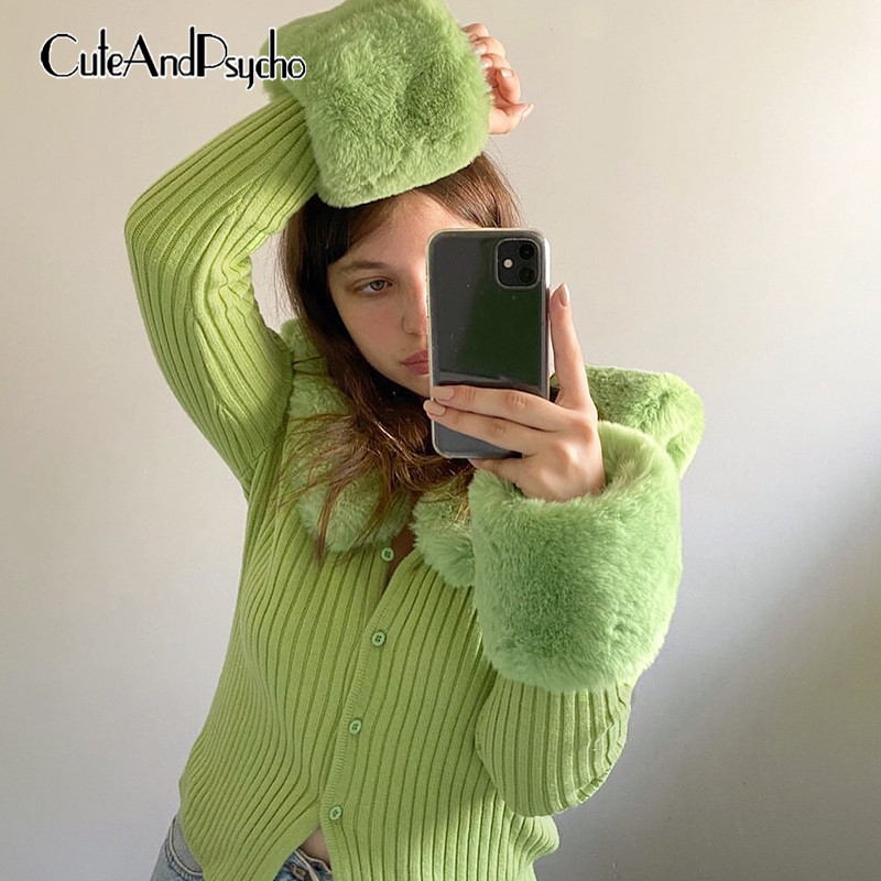 

autumn solid casual women y2k cardigans vintage single-breasted knit sweaters elegant skinny fur collar femme cuteandpsycho, Black