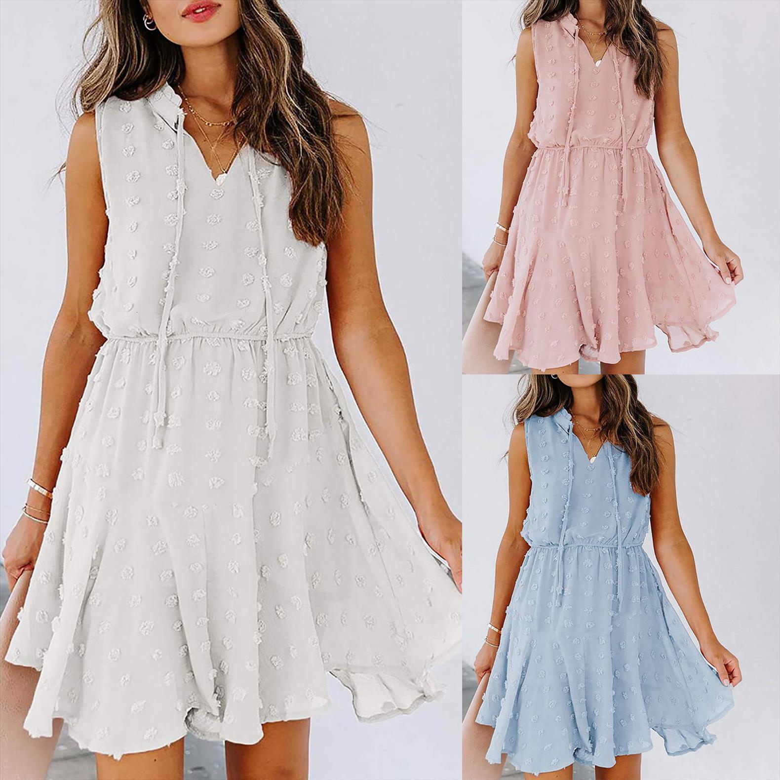 

chiffon pom v neck solid women dresses robe sleevless drawstring short skirt mini summer, Black;gray