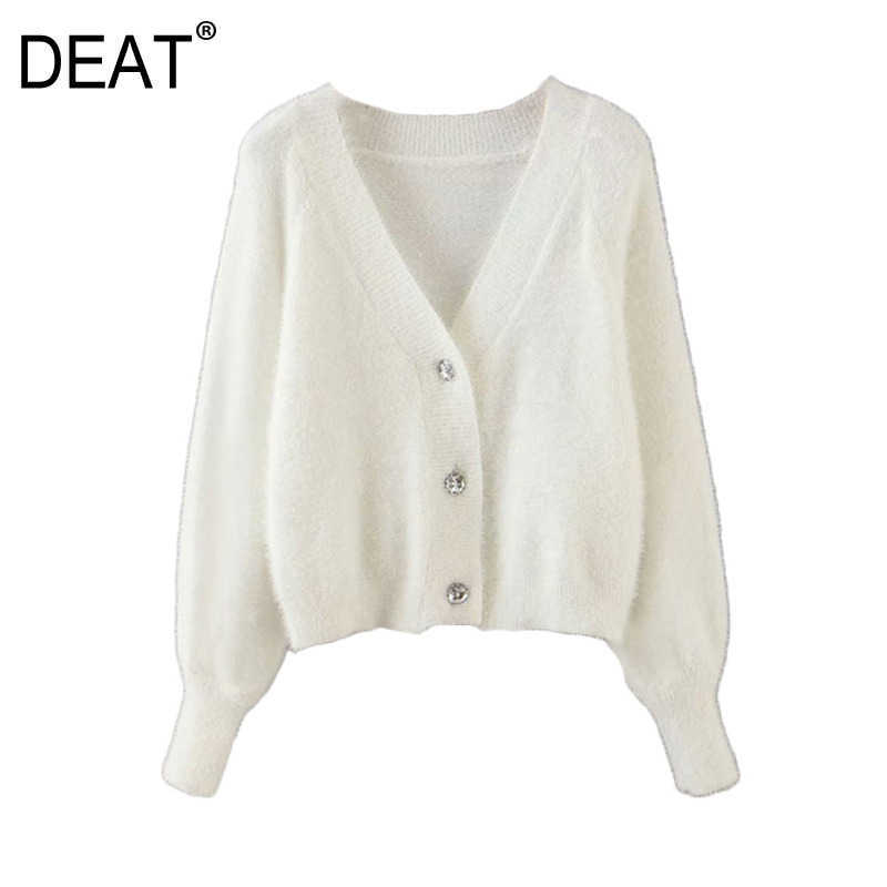 

DEAT Mohair Button Solid Knitted Cardigan Sweater Loose Fit V-Neck Long Sleeve Women Fashion Autumn Spring 13T281 210527, White