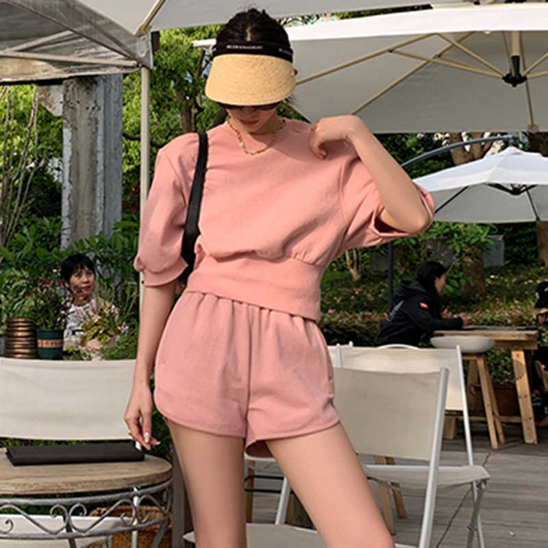 Two Piece Dress Casual Summer Pieces Cotton Sets Women Short Sleeve High Waist Sweatshirt Tracksuit Shorts Set Solid Outfits Hoodi-image-701660655