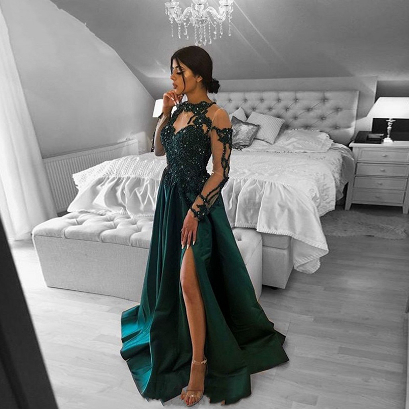 Jewel Neck Long Sleeves Side Split Lace Formal Evening Gowns Beaded Appliques Sweep Train Satin Prom Dresses-image-708884797