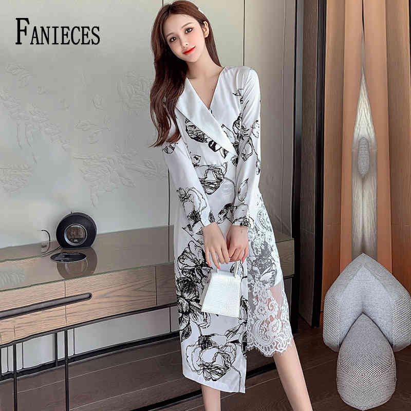 

Women Party Autumn Dress Lady Korean Style Vintage Printed Chiffon Shirt Long Sleeve Lace Midi Summer es Vestido 210520, White