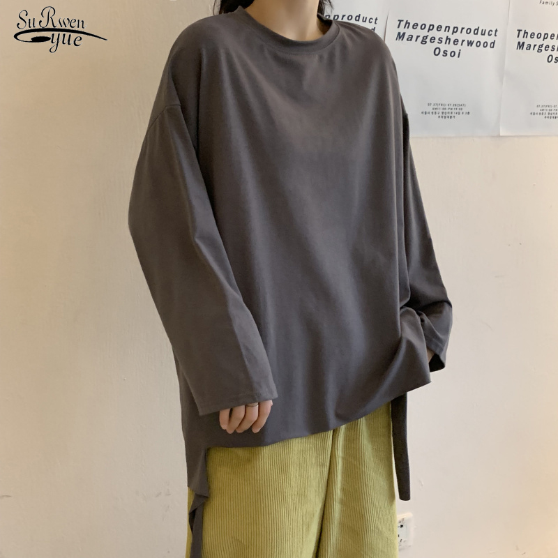 

Spring Women T-Shirts Oversize Solid Bottoming Long Sleeve Wild Korean Minimalist Style Tops Cotton White 13229 210521, Black