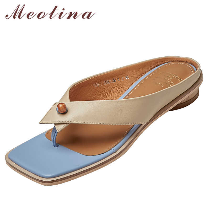 

Meotina Slippers Shoes Women Genuine Leather Sandals Flip Flop Flat Slides Square Toe Sheep Skin Ladies Footwear Summer Apricot 210608, White