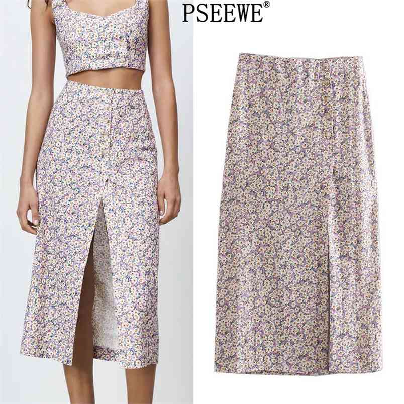 

Floral Print High Waist Long Skirt Women Vintage Cottagecore Front Slit Female s Fashion Button Summer 210519