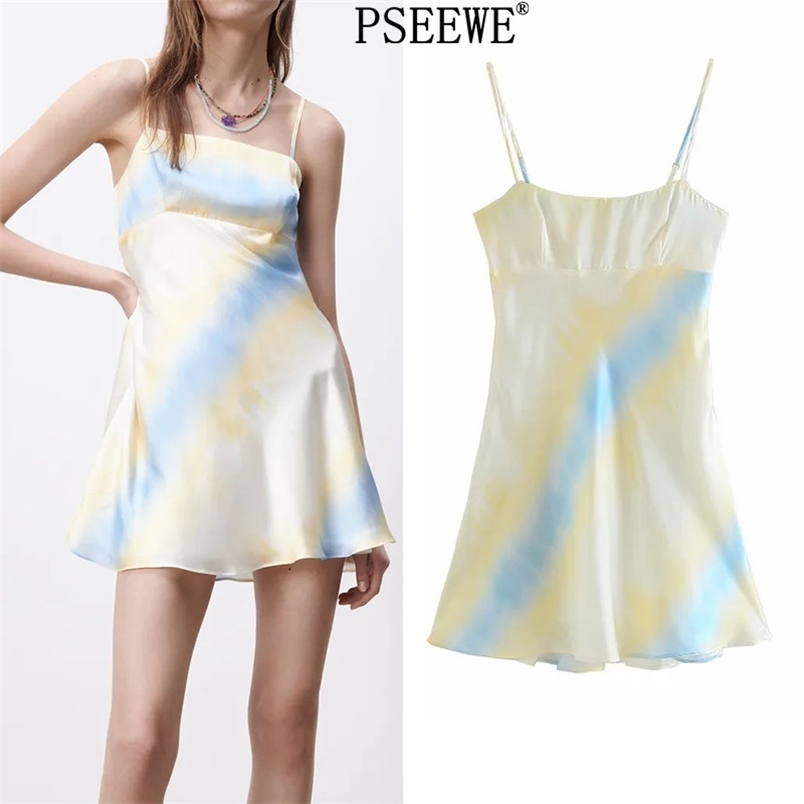 

Tie Dye Mini Satin Dress Women Sexy Spaghetti Strap Short Summer Dresses Ladies Backless Club Woman 210519