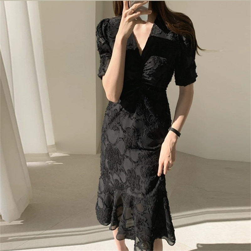 

Ladies Ruffles Short Puff Sleeves Corset Black Midi Dress Women Lace Patchwork Mermadi Dresses Summer Vestidos 210603, Picture color
