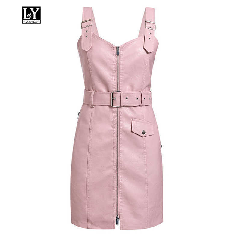 

Ly Varey Lin Spring Faux Leather Dresses Women Pu Short V Neck Sexy Zipper Black Pink Slim High Waist 210526