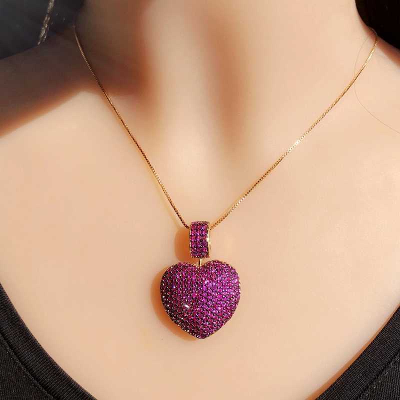 

Luxury Big Heart Shape Pendant Necklace Micro Paved Multicolor Zirconia Gold Color Chain Choker Statement Necklace Women Jewelry X0707