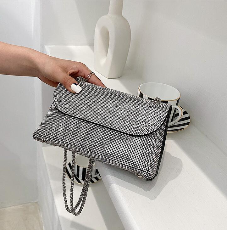 

Factory wholesale women shoulder bag high quality diamond fashion chain bags street fashions double-sided diamonds handbag small fresh rivet handbags, Silver(boutique box)