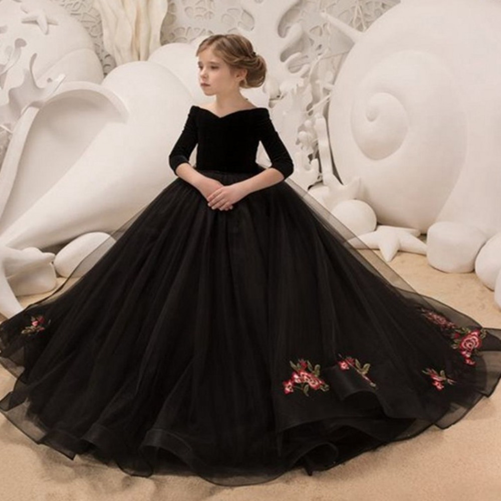 Girl&#039;s New Kids Girl Elegant Long Prom Black Embroidery Tulle Gowns Children 8 Grade Graduation Dresses C0228-image-689068530