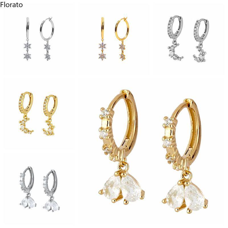

Hoop & Huggie Florato Luxury Moon Zircon Crystals Earrings For Women Wedding Cartilage 925 Sterling Silver Jewelry Pendientes A3