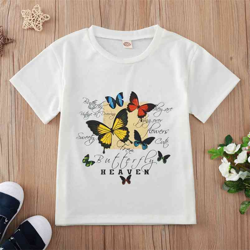 

Summer Style Children Short Sleeve Print Butterfly Letter Streetwear Cute Baby Girl Or Boys T-shirt 3-10T 210629, White