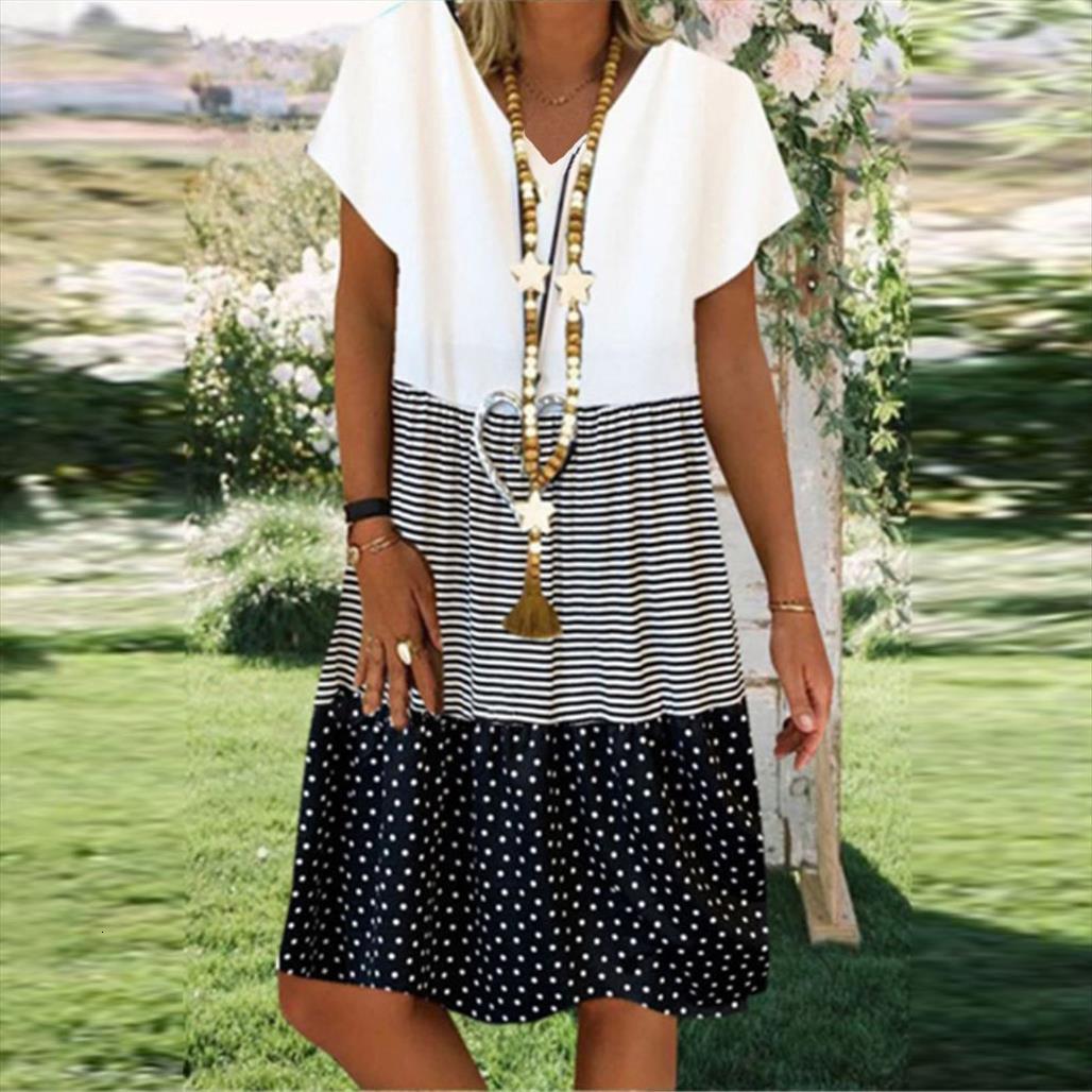 

large size summer robe womens dress striped color stitching dot printed ladies leisure v neck vestidos, Black;gray