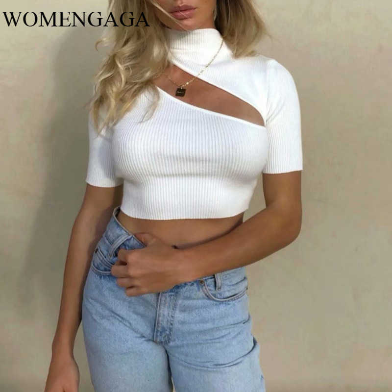 

WOMENGAGA Spring Korean Slim Small Turtleneck Short Sleeve Navel Knitted Sweater Hollow Out Hole Chest Sexy Irregular Tops TTD 210603, Black