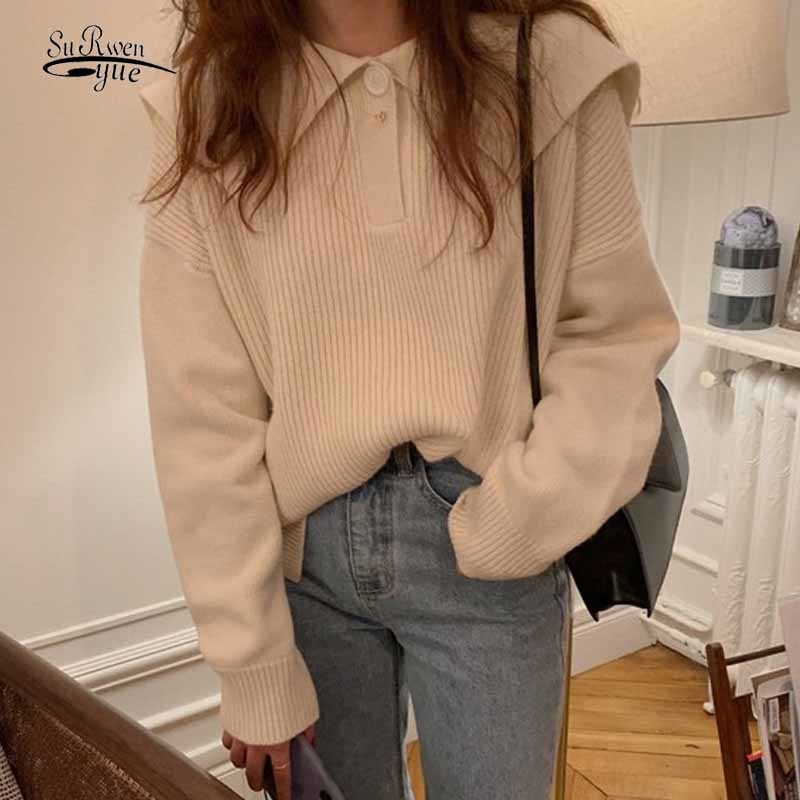 Bouton solide de style coréen Tops extérieurs plus taille Pull pour femmes japonaises lâches Collière de marine d'automne décontractée 11871 2105