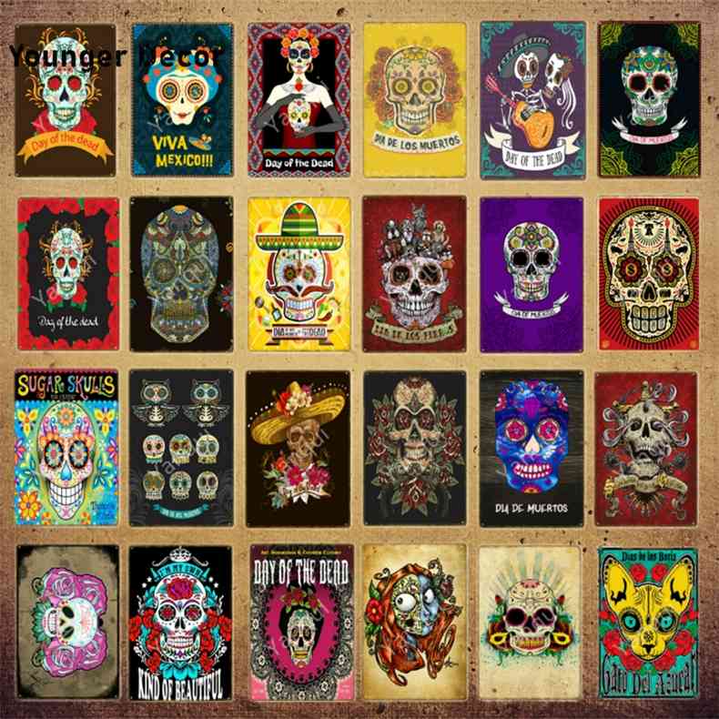 

Mexican Culture Decor Day Of The Dead Vintage Plaque Sugar Skull Metal Poster Iron Painting Wall Sticker Retro Tin Signs YI-1721