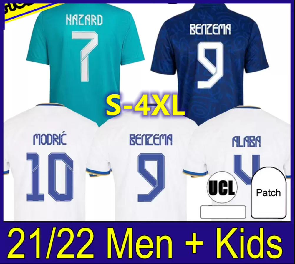 

S-4Xl jerseys 21 22 HAZARD soccer football shirt BENZEMA ASENSIO MODRIC SERGIO RAMOS camiseta men + kids kit 2021 2022 999, Away-player+ucl