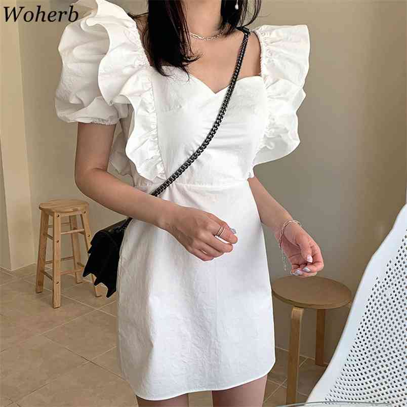 

Square Collar Woman Dress Korean Chic Ruffle Puff Sleeve Dresses Summer High Waist Mini Vestidos White Black 210519