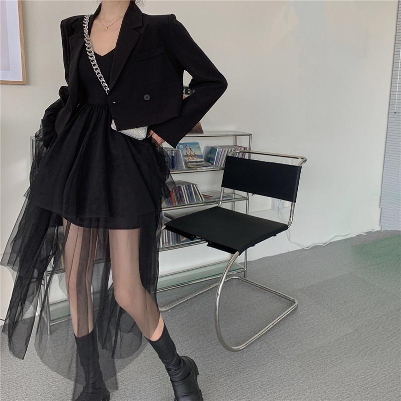 

Women's Jackets French Black Mesh Irregular Sexy Sleeveless Suspender Dress Women 2022 Spring And Autumn Casual Slim Short Jacket, Black;brown
