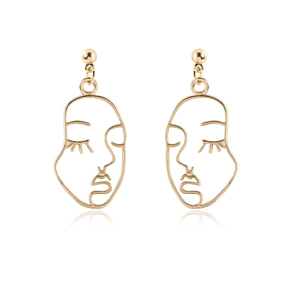 

punk human face dangle drop earrings for women retro abstract hollow out statement golden fashion female jewelry, Silver