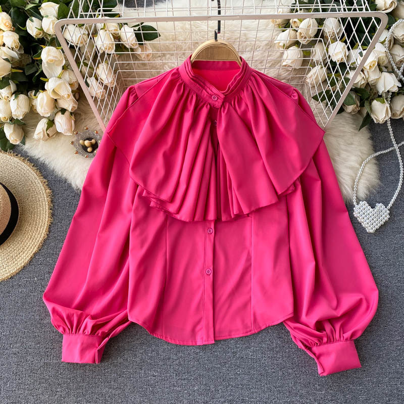 

Women's Blouses & Shirts Women Fashion Retro Court Tops Round-neck Long Sleeve Loose Thin Ruffle Solid Color Korean blouse Blusas, Rose