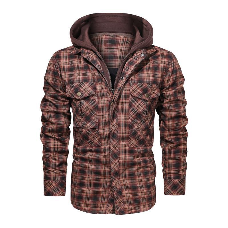 

2021 European Code Men's Casual Plaid Hooded Jacket Autumn Coat Tooling Multi-pocket, Black;brown