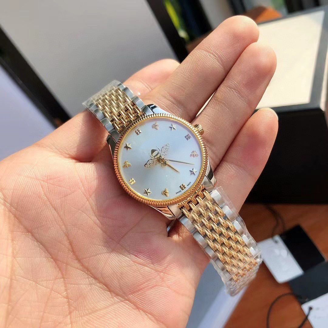 

High Quality 36mm 29mm Unisex Ladies Watch Quartz Movement Watch Stainless Steel Case Bee Pattern Second Hand, Gold