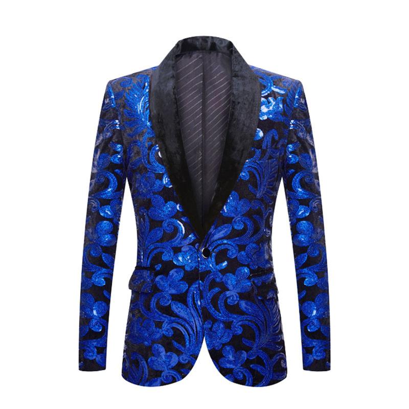

Men's Suits & Blazers Blue Sequin Mens Blazer Casual Velvet Slim One Button Jacket Wedding Performance Singer Night Club Stage Costume Homme, Gold