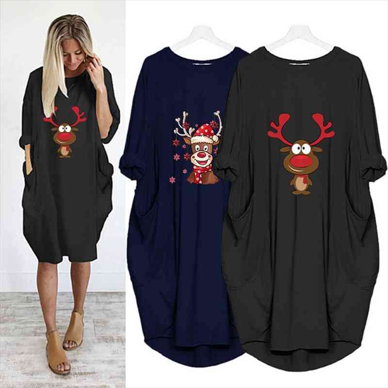 

Christmas Cute Reindeer Print Women Dresses Pocket Casual Loose Oversize Clothes Party Daily Autumn Vestidos Vintage, Black;gray