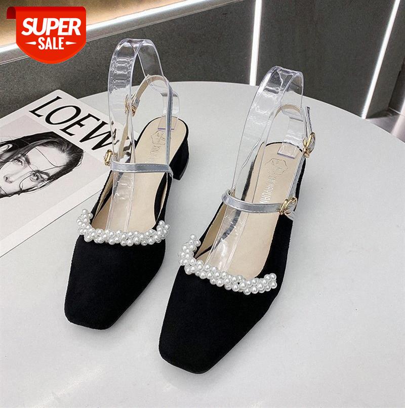 

French pearl sandals female fairy style Hepburn high heels retro thick heel single shoes mid-heel Mary Jane #328k, Black