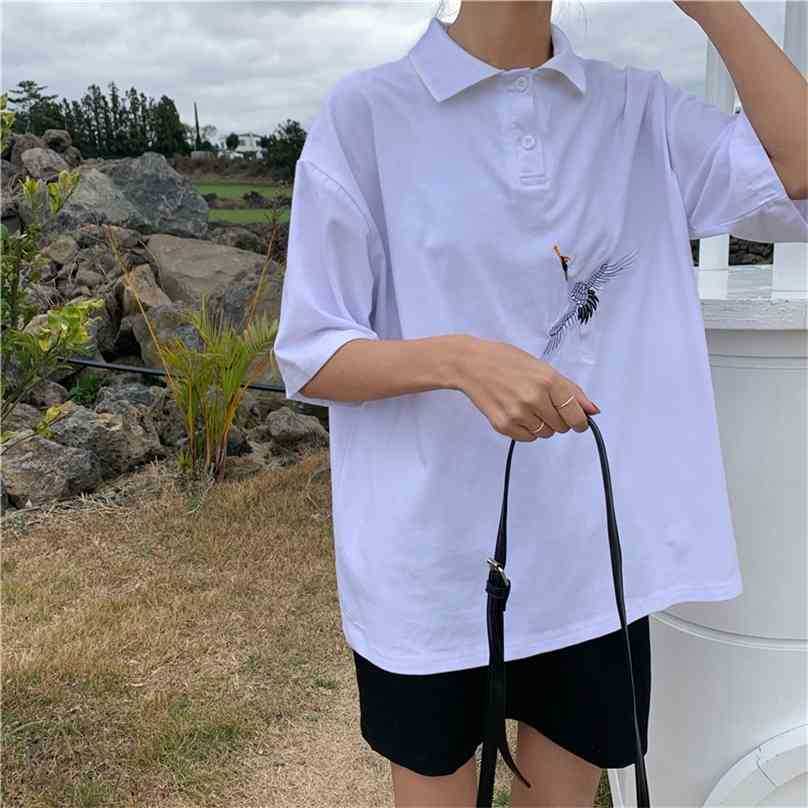 

Sale Girls Embroidery Streetwear Cute All Match Short Sleeves Korean Sweet Brief Lapel Chic T-Shirts 210525, White