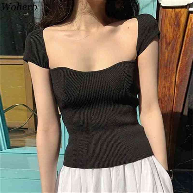 

Knitted Women T Shirts Sexy Crop Top White Slim Thin Knitwear Tees Korean Elegant Casual Stretch Chic Tshirts 210519, Black t shirts