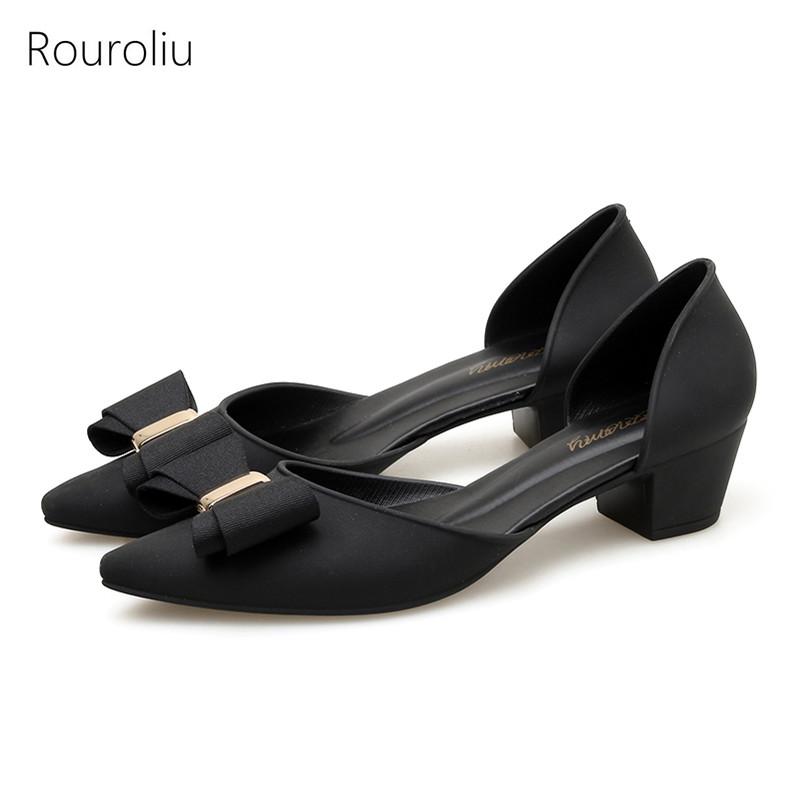 

Rouroliu Women Pointed Toe Mid Heel Sandals Summer Mixed Colors Bowknot Jelly Shoes Woman Non-Slip Casual FR87, Black