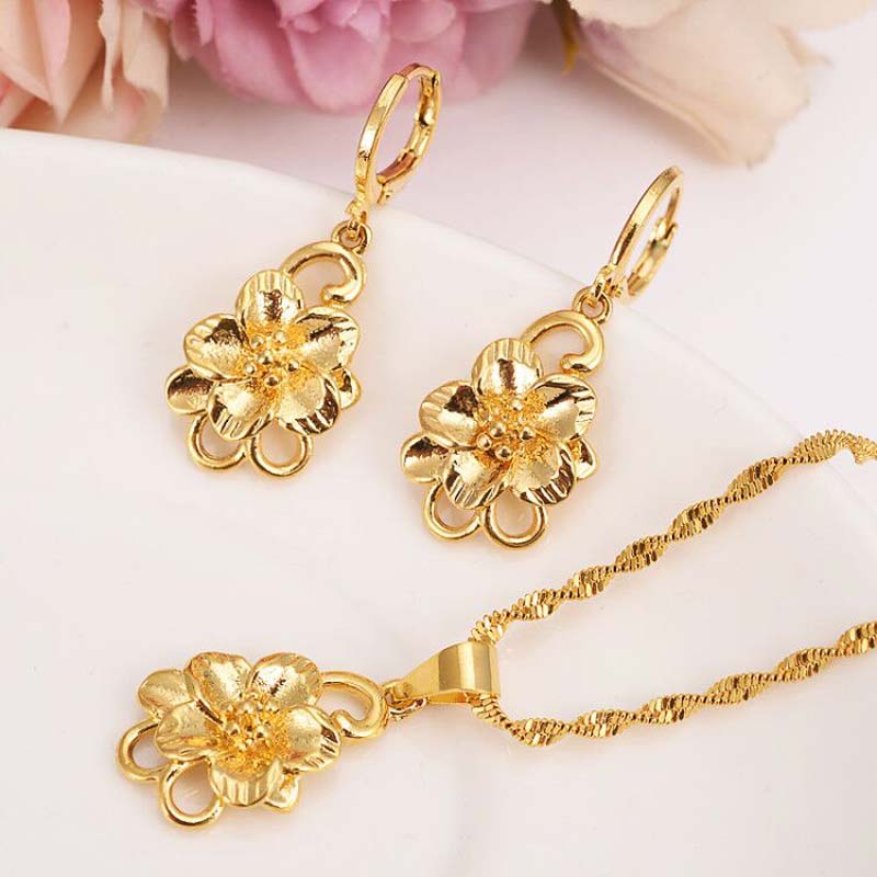 Ethiopian 18k Fine Gold big set women girls Jewelry Pendant Chain Earrings African Bride Wedding Flower Bijoux-image-678632451