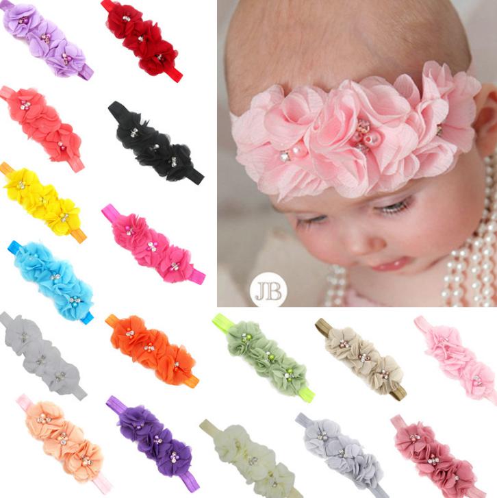 

2021 Gril baby 3 flowers hair bands pearl Crystal Chiffon flower combination set Elastic Headbands Headwear head band Hair Accessories, Random color