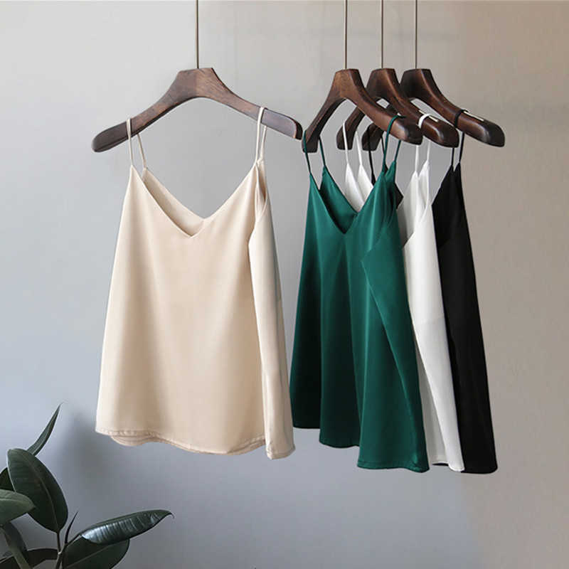 

Korean Fashion Silk Women Tops Woman V-neck Satin Camis Plus Size Sleeveless Solid Strap Tees Sexy Halter 3XL 210604, Black