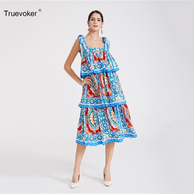 

Truevoker Summer Designer Dres's Multicolor Porcelain Printed Ruffle Midi Spaghetti Strap Retro Resort 210602, Blue