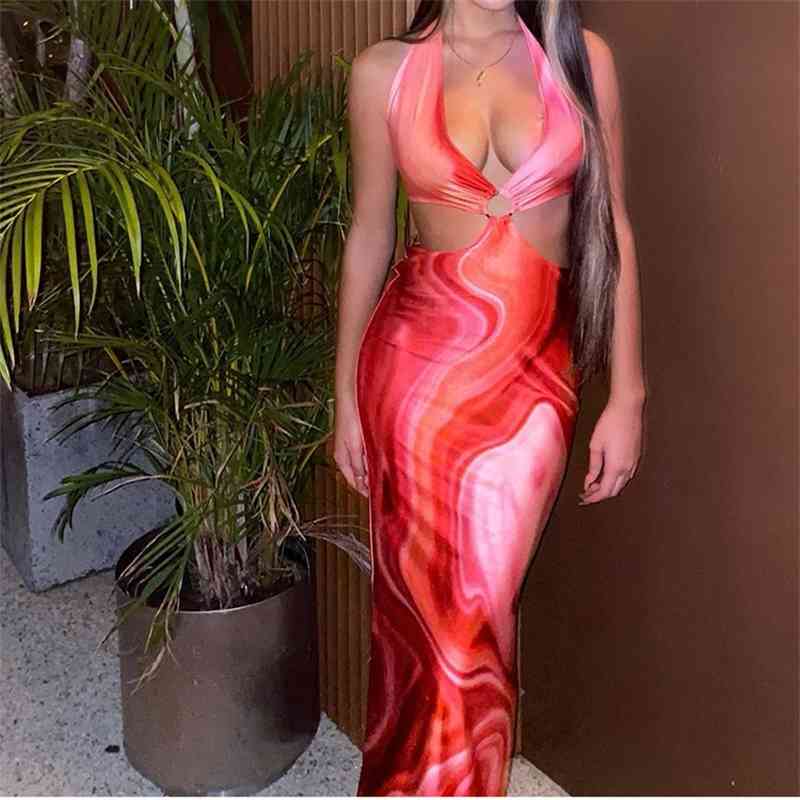

Women' new 2021 print sexy hanging neck hollow out beach skirt women' dress, Red