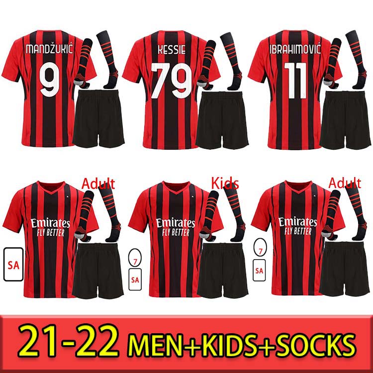

AC milan 21 22 soccer jersey IBRAHIMOVIC BRAHIM BENNACER KESSIE ROMAGNOLI CALHANOGLU 2021 2022 football shirt TONALI REBIC maillot men + kid, Black