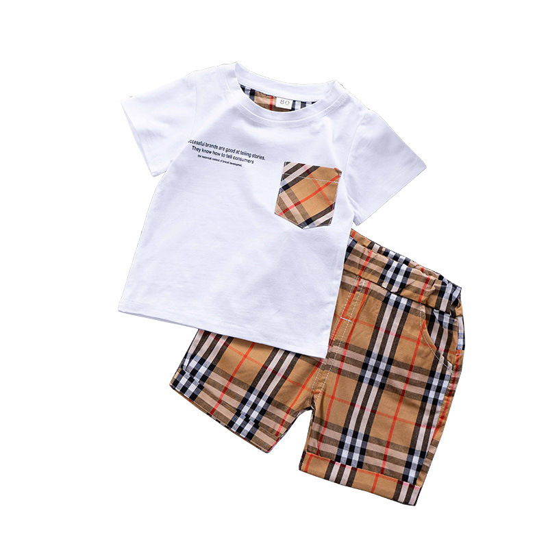 

kids girls boys plaid tracksuit brand fashion 2pcs outfits set tshirt+short pant tracksuits children Designers Clothes, White