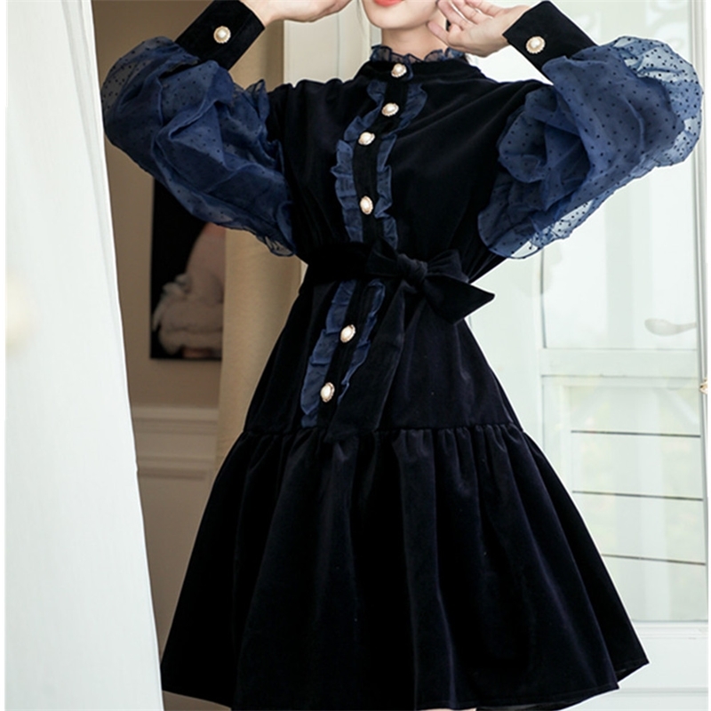 

Autumn Winter Women Lantern Sleeve Runway Dress Velvet Patchwork Mesh Dot Female Chic Tie Up Dresses Vestidos 210520, Photo color