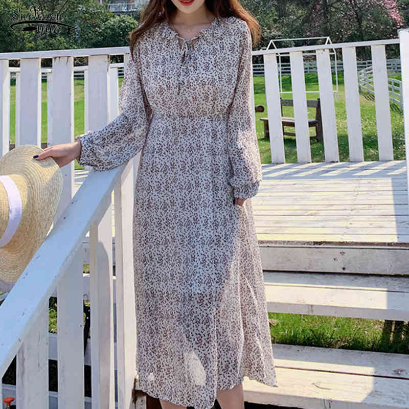 

Vintage Party Midi Dress Vestidos Elegant Print Long Sleeve Spring Women es Summer Casual O-Neck Chiffon A LIne 13199 210521, Black