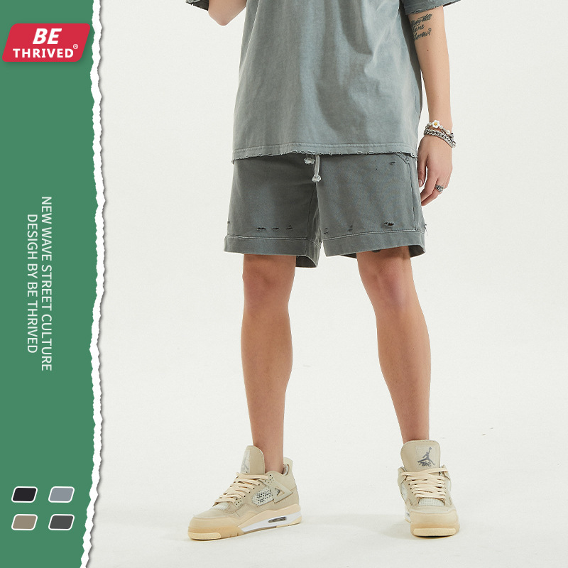 

be men's wear | 2021 summer fog worn-out split high street fashion brand street hip-hop shorts men's wear, Black