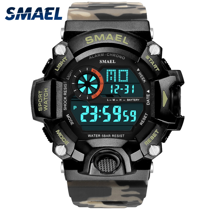 

Men Watch 50m Waterproof SMAEL Luxury Watch Men LED Luminous Watches Camouflage Watch Band 1385C Digital Wristwatches Militaryg, White