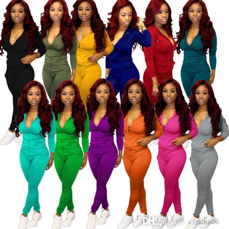 

Women Two Piece Tracksuits Set Fashion Solid Color Hooded Zipper With Pocket Cardigan Pencli Pants Suit Club Party Casual Ladies Clothing, Style a
